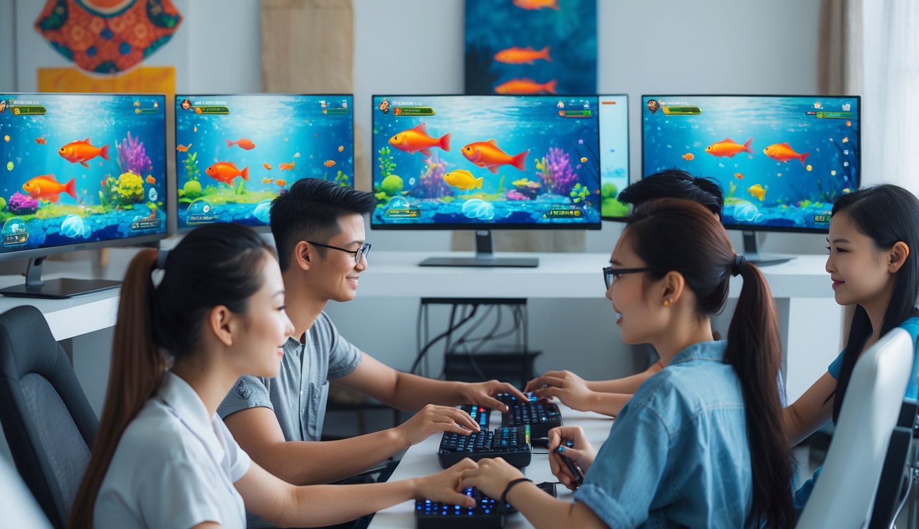 Beberapa orang muda sedang bermain game tembak ikan di depan komputer dengan layar penuh warna dan latar ruangan modern.