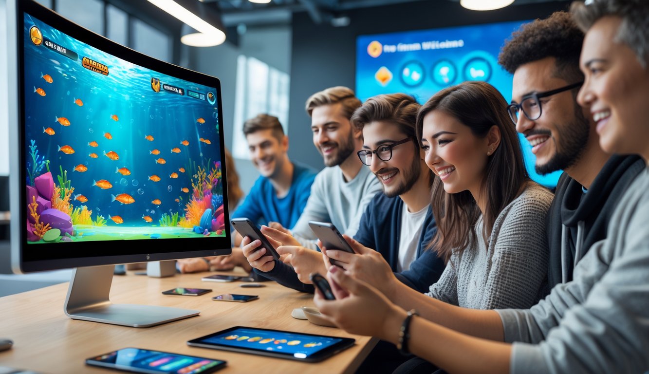 Beberapa orang muda sedang bermain game tembak ikan di perangkat digital dengan latar belakang grafis bawah laut yang berwarna-warni.