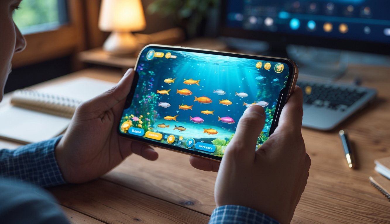 Seseorang sedang bermain game tembak ikan di ponsel dengan latar meja dan suasana ruangan yang nyaman.