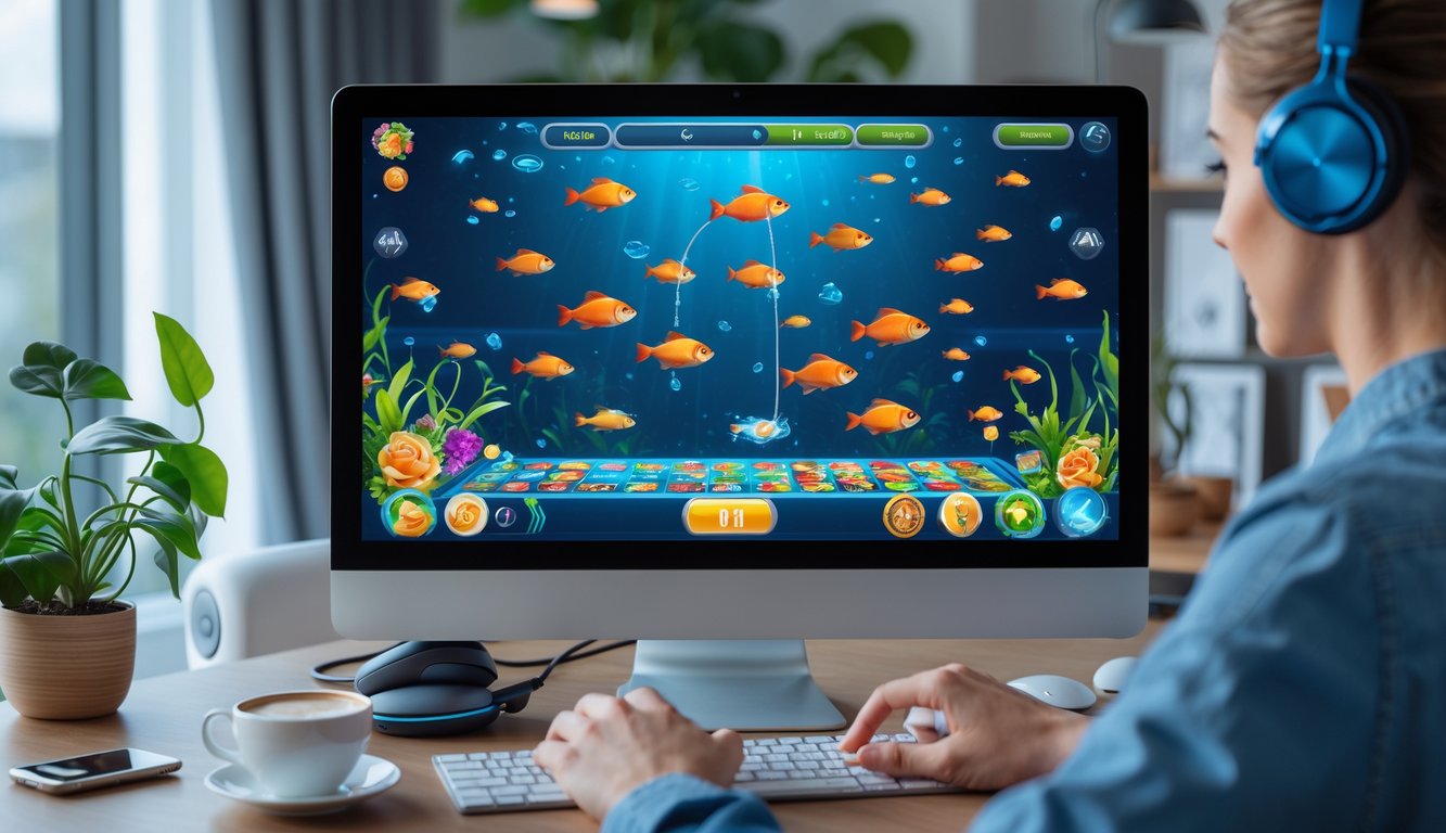 Seseorang sedang bermain game tembak ikan online di depan komputer di ruang kerja yang nyaman.