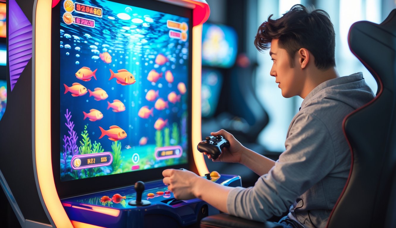 Seorang pemula sedang bermain permainan tembak ikan di depan layar komputer dengan tampilan ikan warna-warni dan kontrol game.