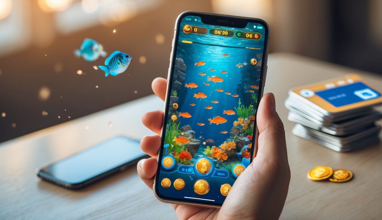 Seseorang memegang ponsel yang menampilkan permainan tembak ikan dengan latar belakang bawah laut berwarna-warni.