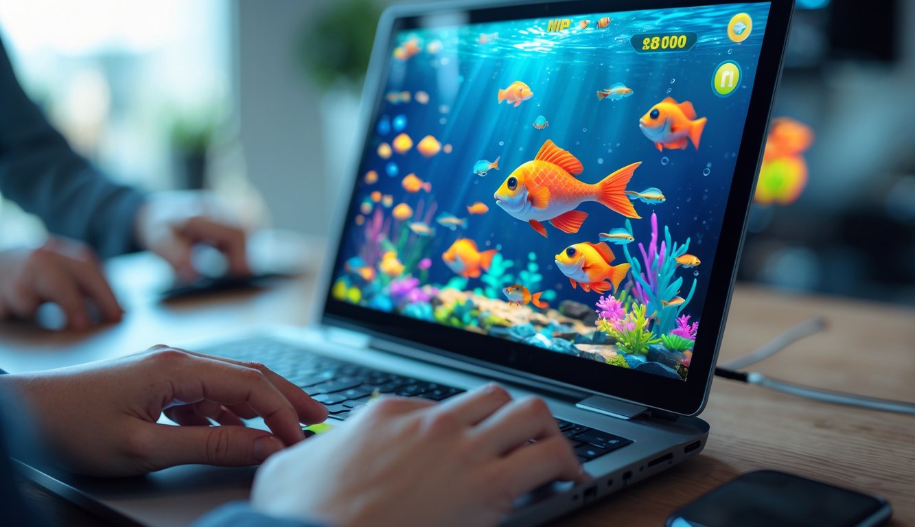 Seorang pemain sedang bermain game tembak ikan di layar komputer dengan latar belakang bawah laut berwarna-warni.