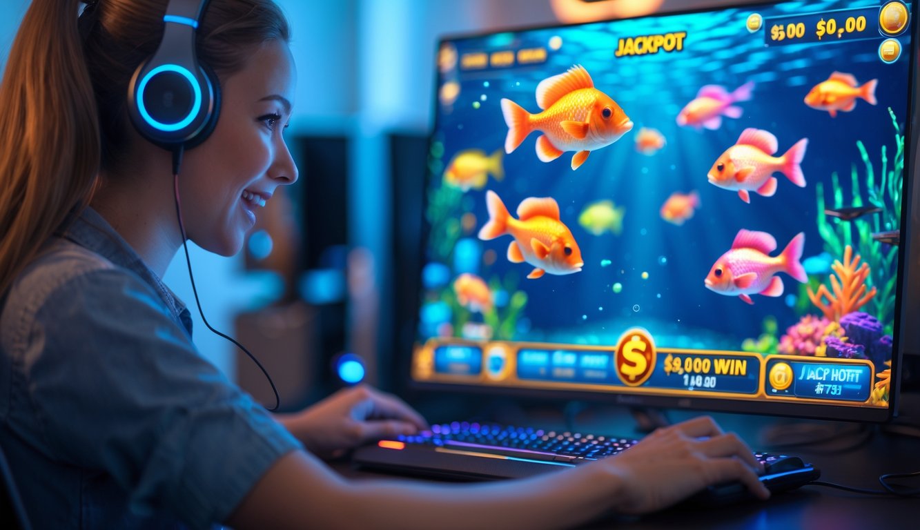 Seseorang sedang bermain game tembak ikan di layar komputer dengan ekspresi fokus dan antusias.