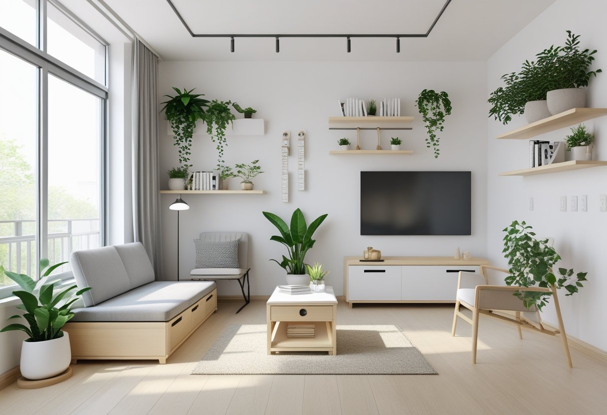 A small apartment living room with a compact sofa, coffee table, shelves with plants and books, a reading nook, and bright natural light.
