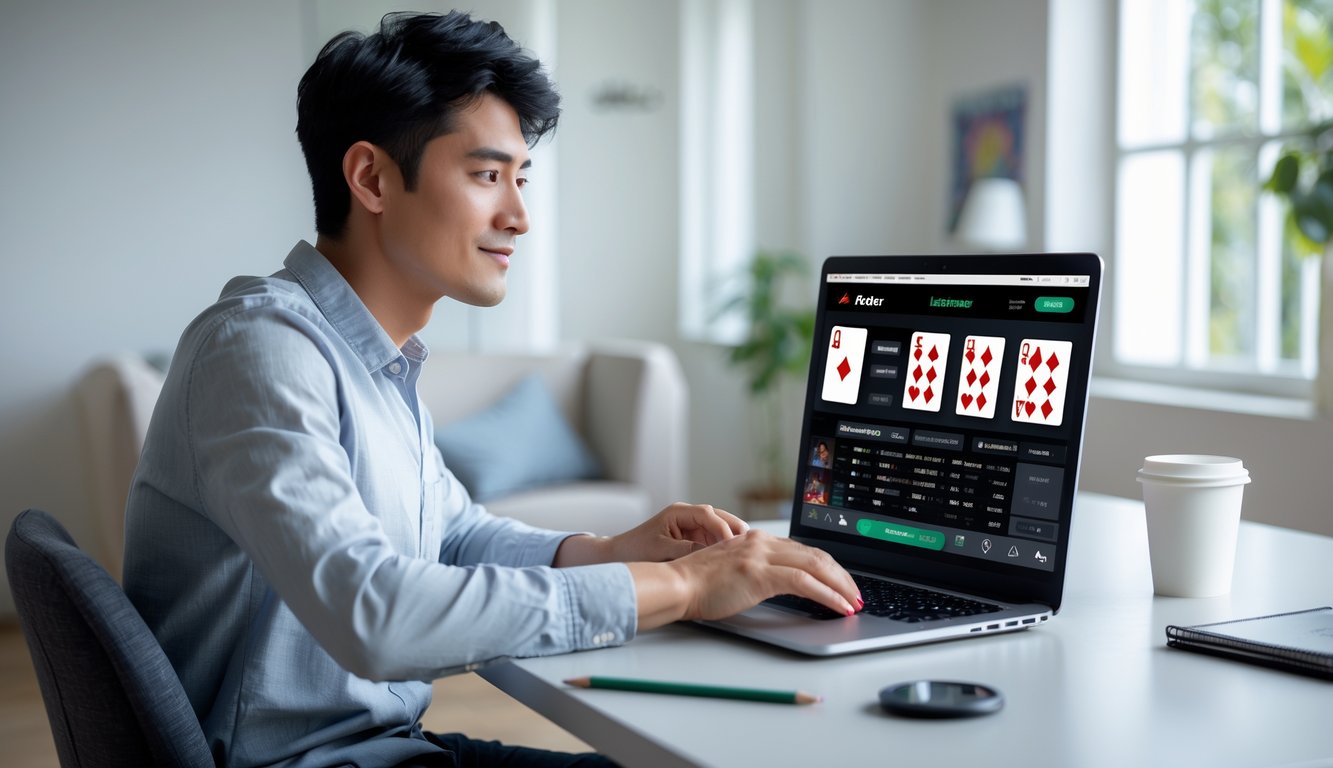 Seseorang duduk di depan laptop mempelajari cara bermain poker online dengan fokus di ruang tamu yang terang.