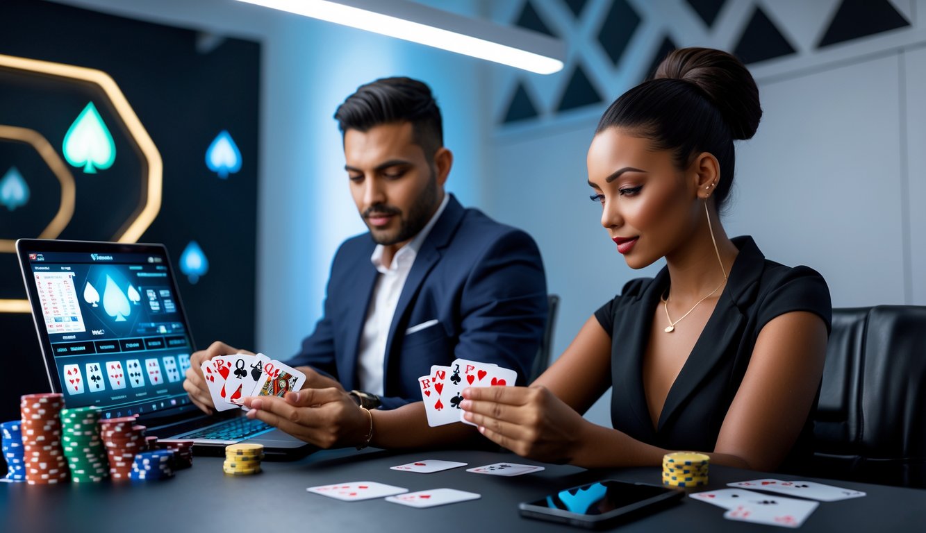 Seorang pria dan wanita sedang bermain poker online dengan laptop dan tumpukan chip di atas meja, tampak fokus dan serius.