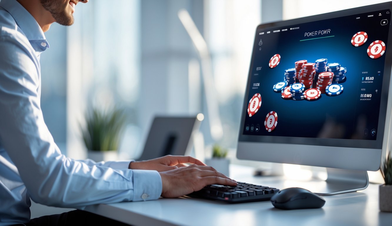 Seorang pria duduk di depan komputer dengan permainan poker online di layar, di ruang kerja yang terang dan rapi.