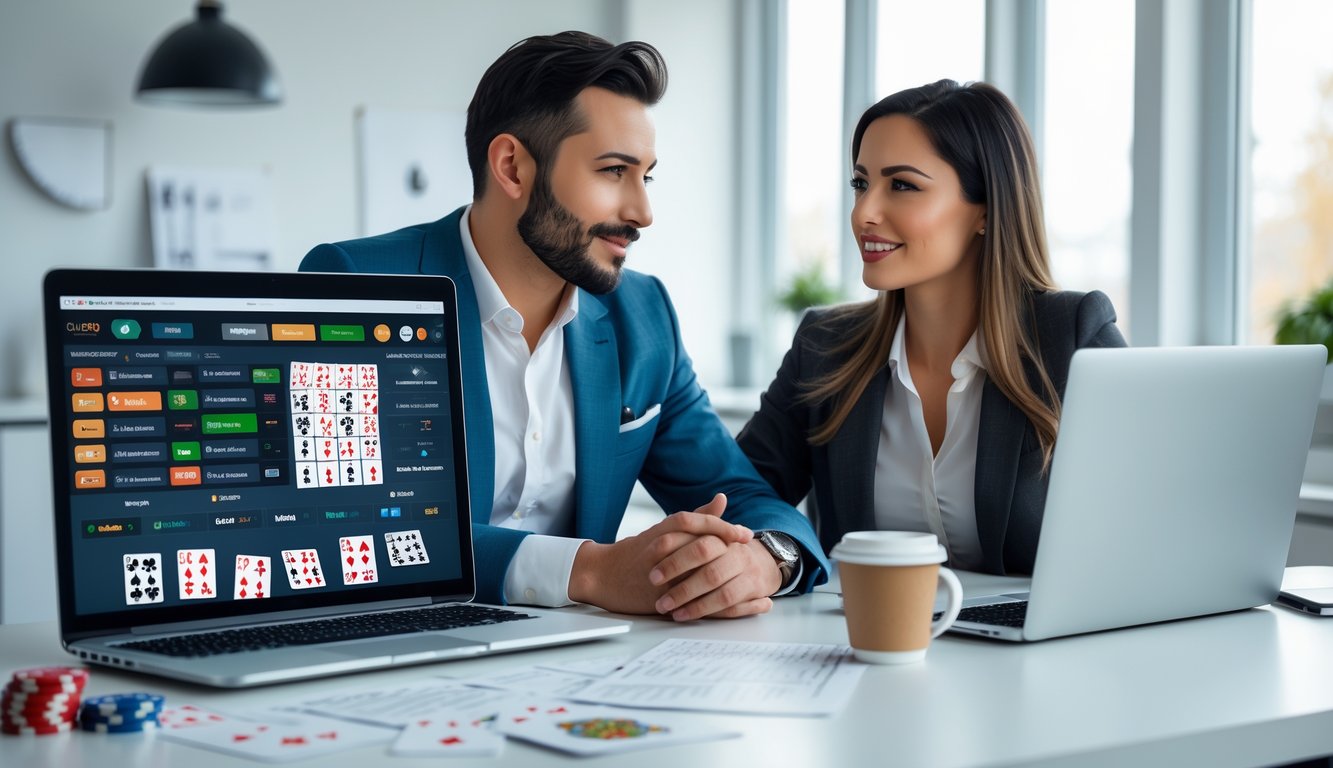 Dua orang sedang berdiskusi di meja kantor dengan laptop dan perlengkapan poker di sekitarnya.