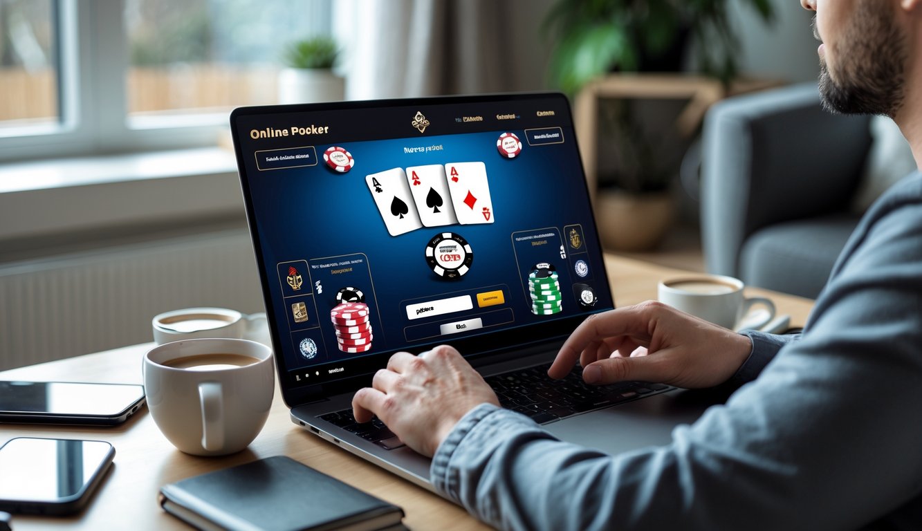 Seseorang sedang bermain poker online menggunakan laptop di ruang tamu dengan suasana santai dan pencahayaan alami.