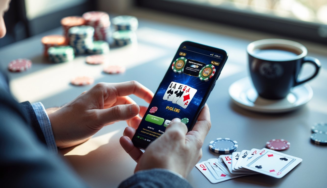 Tangan seseorang memegang ponsel Android yang menampilkan permainan poker online dengan chip dan kartu di meja kerja.