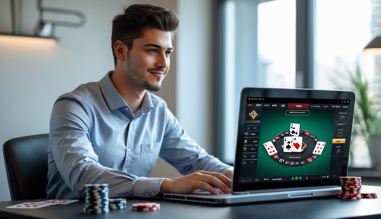 Seorang pria muda duduk di meja dengan laptop dan kartu poker, tampak fokus dan percaya diri bermain poker online.