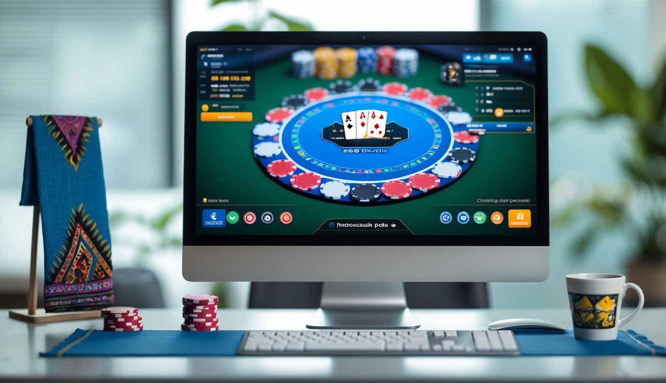 Suasana ruang kerja modern dengan komputer menampilkan permainan poker online dan perlengkapan poker di atas meja.