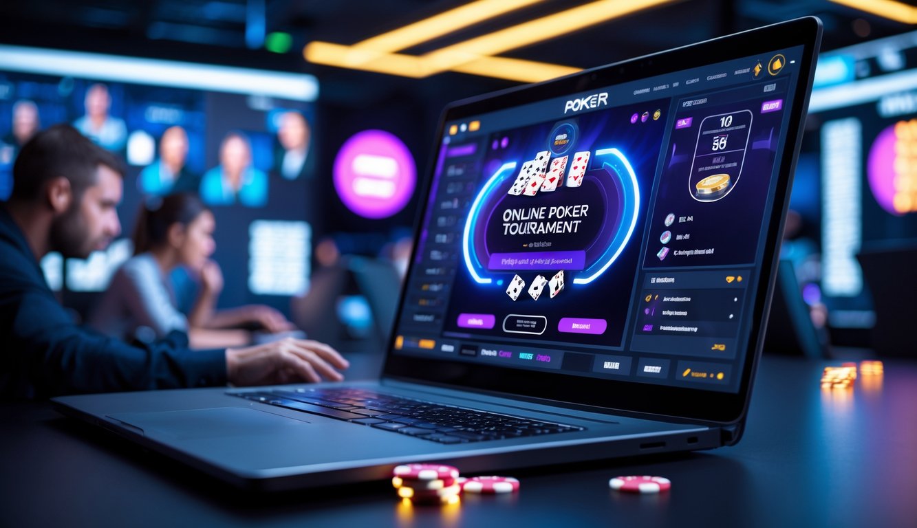 Seseorang sedang bermain poker online di depan komputer dengan tampilan turnamen dan hadiah besar di layar.