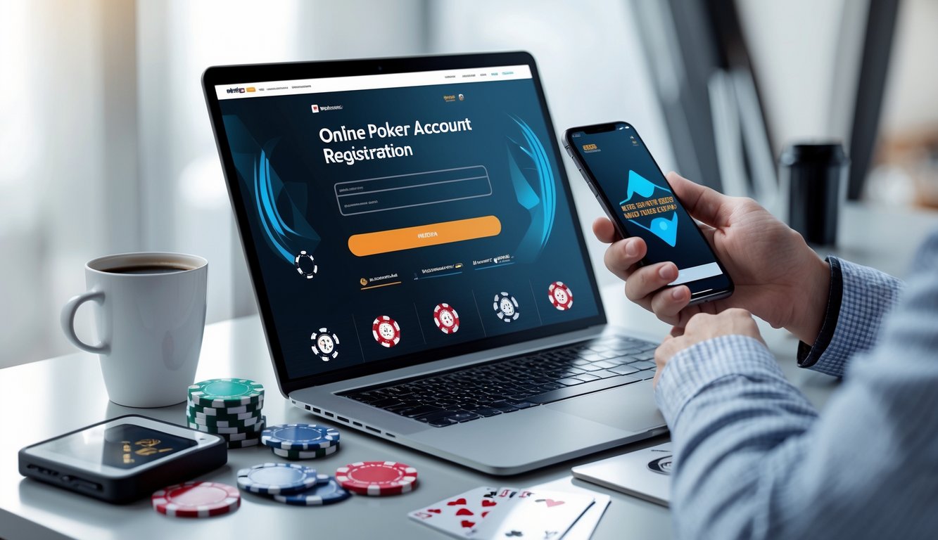 Seseorang duduk di meja dengan laptop dan ponsel, sedang mendaftar akun poker online dengan suasana yang rapi dan profesional.