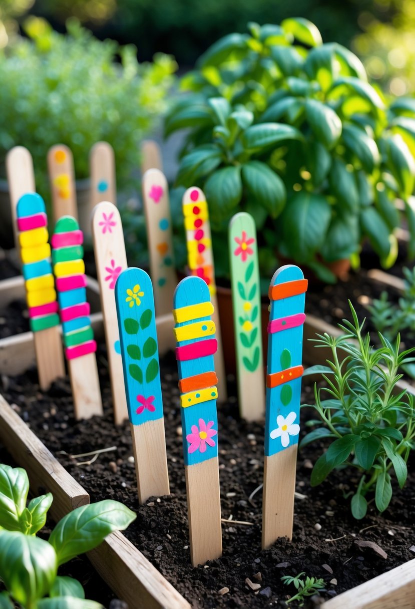 A garden with green plants and colorful painted popsicle stick markers placed in the soil to label the plants.