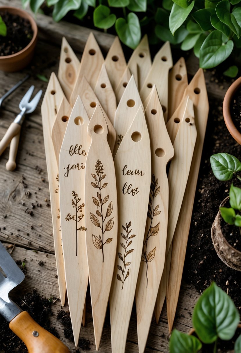 A collection of wooden garden stakes with wood-burned plant labels arranged on a wooden surface surrounded by gardening tools and plants.
