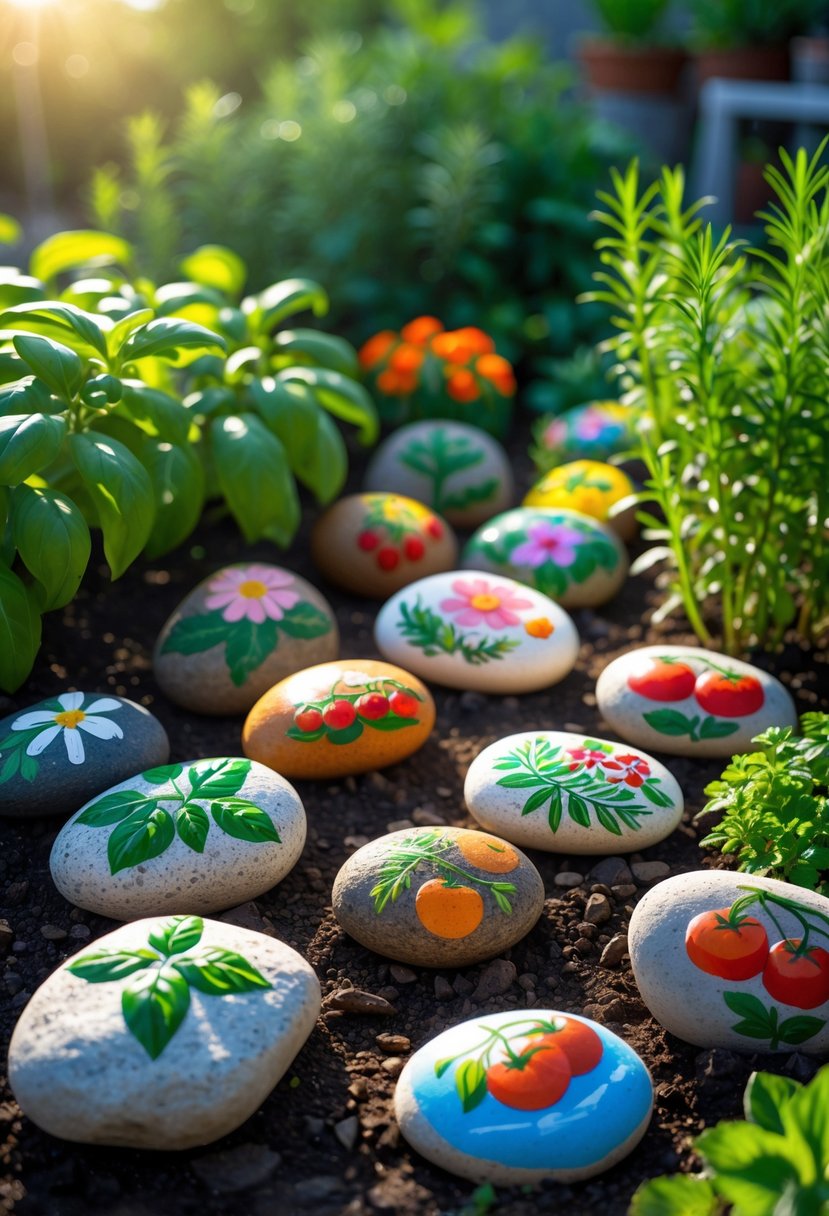 A garden scene with fifteen colorful decorated rocks used as plant markers placed among green plants and soil.