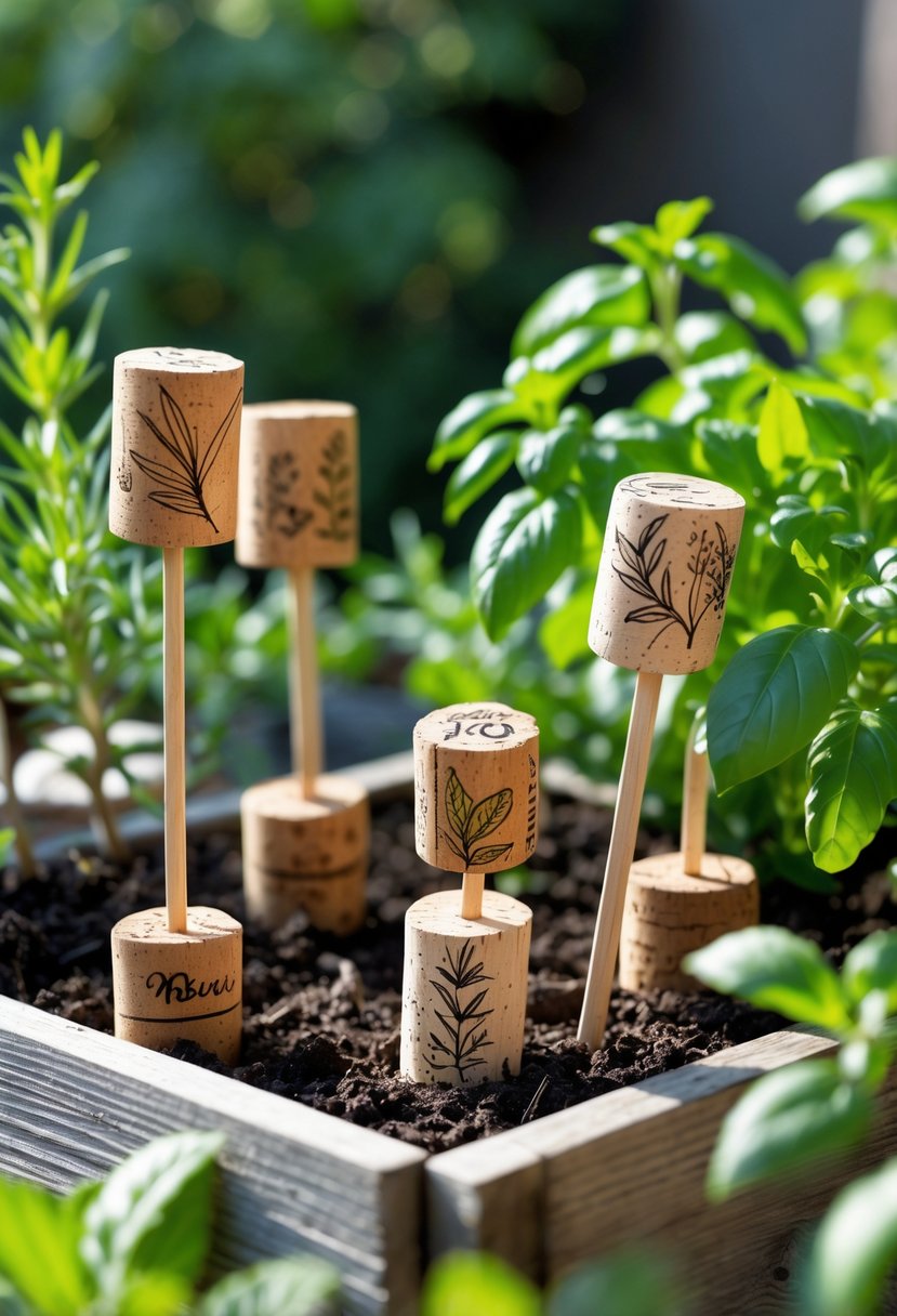 Recycled wine corks used as plant markers in pots with green herbs growing around them.