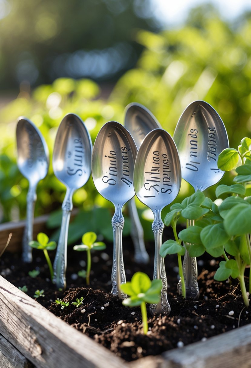 Close-up of silverware garden markers placed in soil next to green plants in a wooden planter box outdoors.