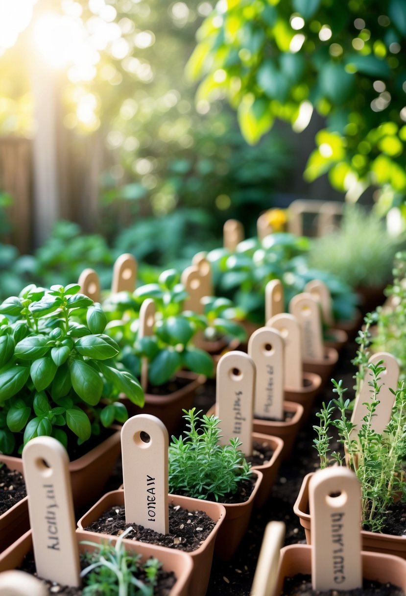 Clay plant tag labels placed in pots and garden beds among green herbs and plants outdoors.