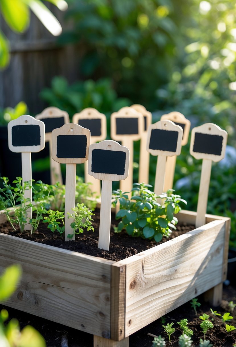 Wooden stakes painted with chalkboard paint arranged in a planter box with small plants and soil.