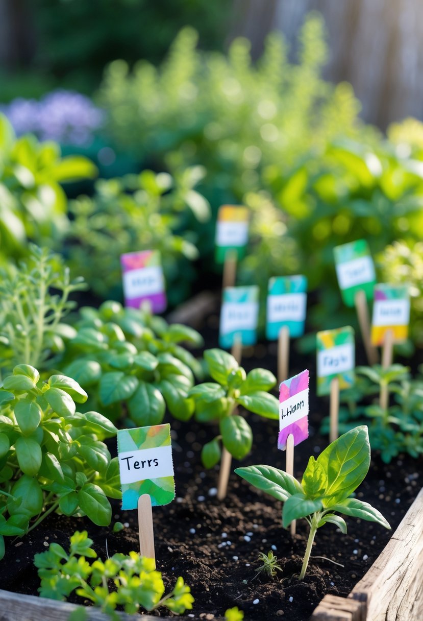 A garden bed with green plants labeled using small colorful tea bag tags attached to wooden sticks as plant markers.