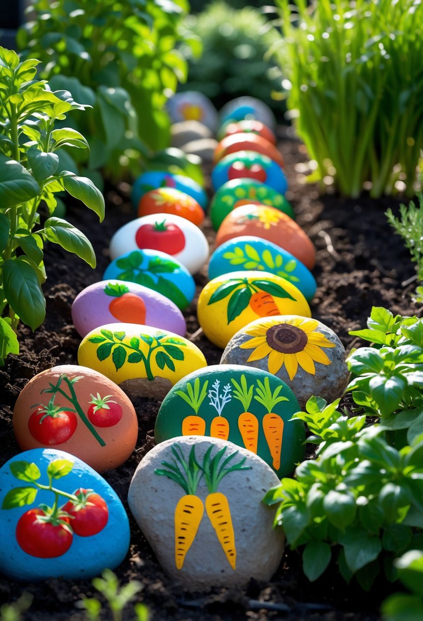 A collection of colorful hand-painted garden rock markers placed among green plants in a garden.