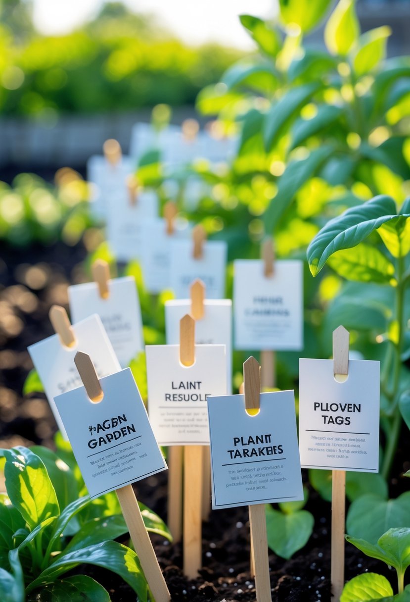 A garden scene with various laminated paper plant tags on wooden stakes placed among green plants and soil.
