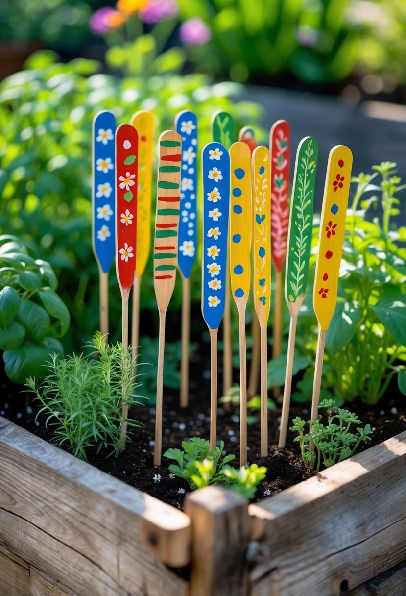 Colorful painted bamboo skewer markers placed in a wooden planter box with green plants and soil.
