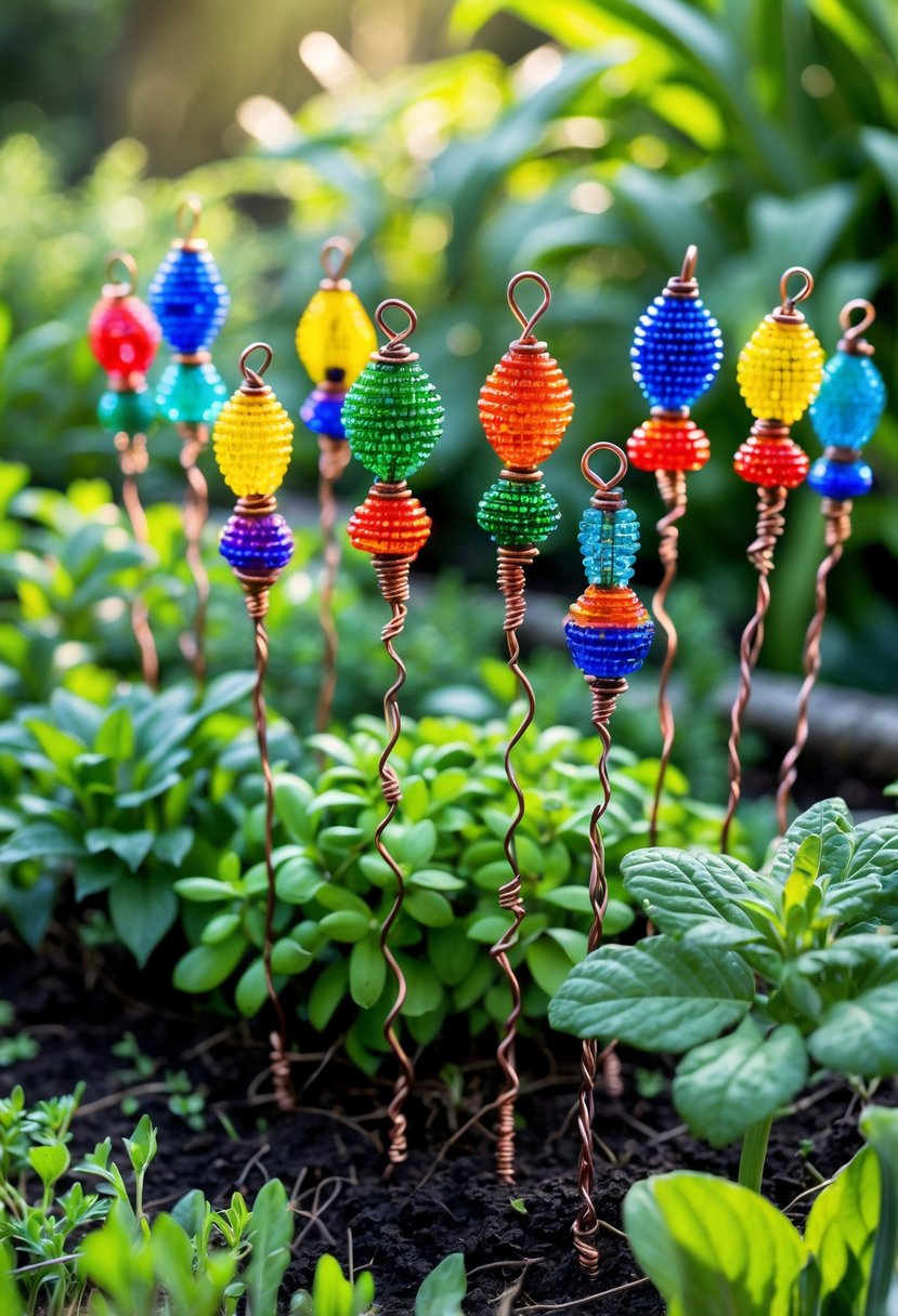 A garden bed with green plants and colorful wire and bead garden markers placed among them.