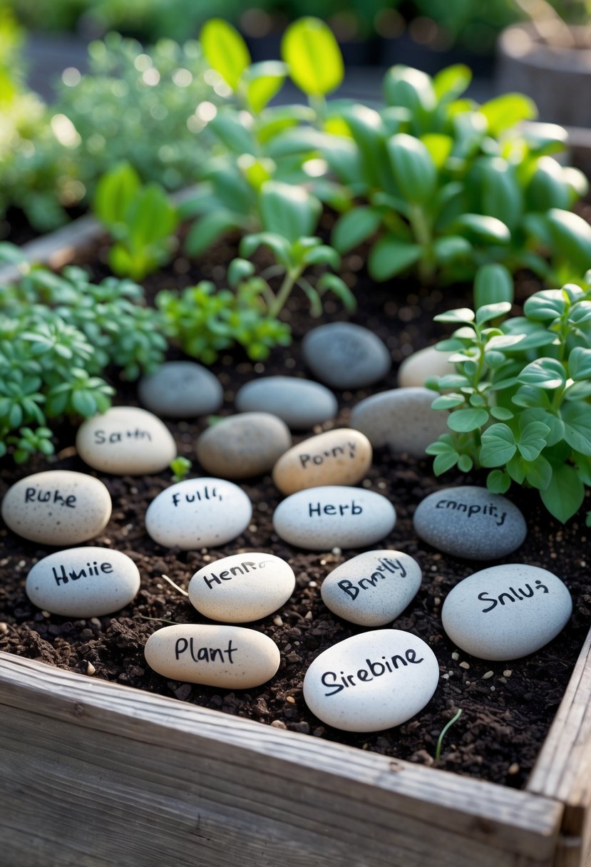 Pebbles with handwritten plant names placed in soil inside a wooden planter box surrounded by green plants.