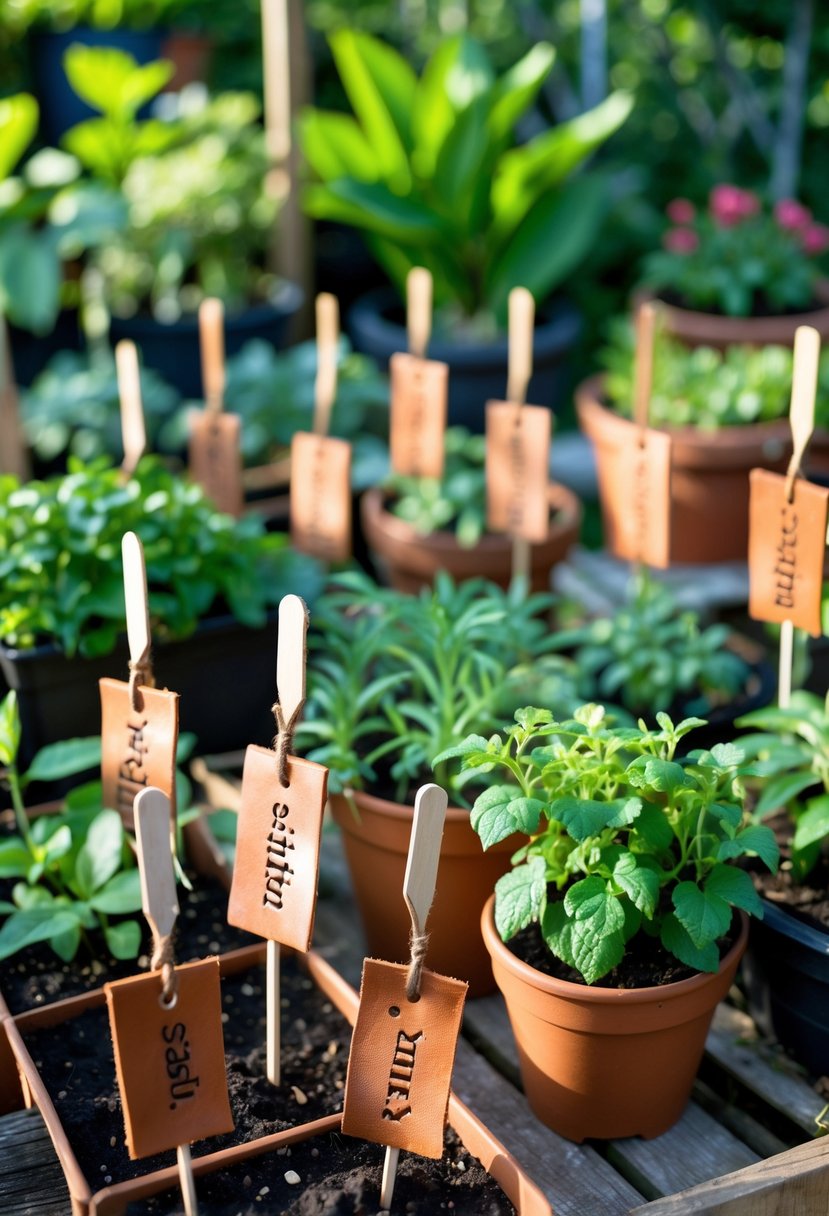 A collection of small plants in pots and garden beds labeled with stamped leather tags attached to wooden sticks in a bright garden setting.