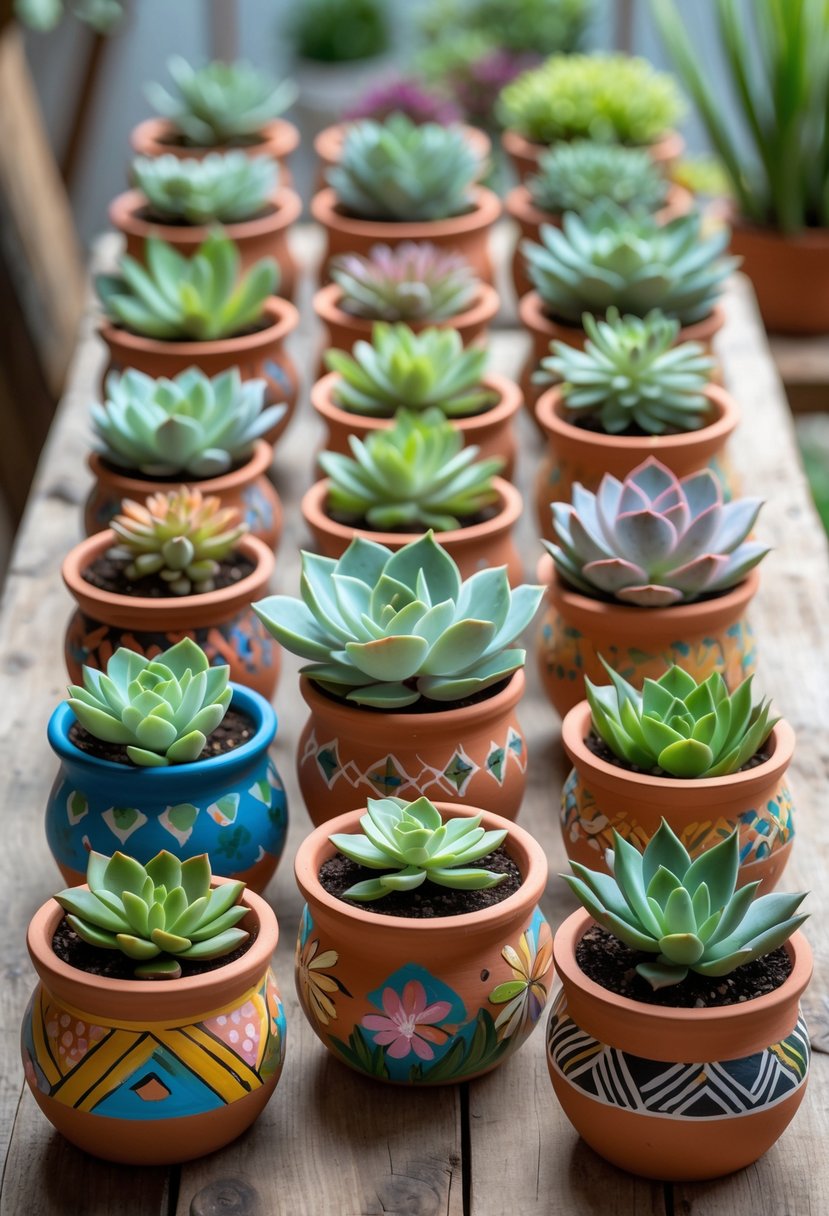 Seventeen painted terra cotta pots filled with various succulent plants arranged on a wooden surface.