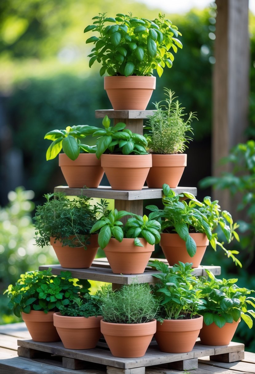 A tiered garden of stacked clay pots filled with various green herbs outdoors.