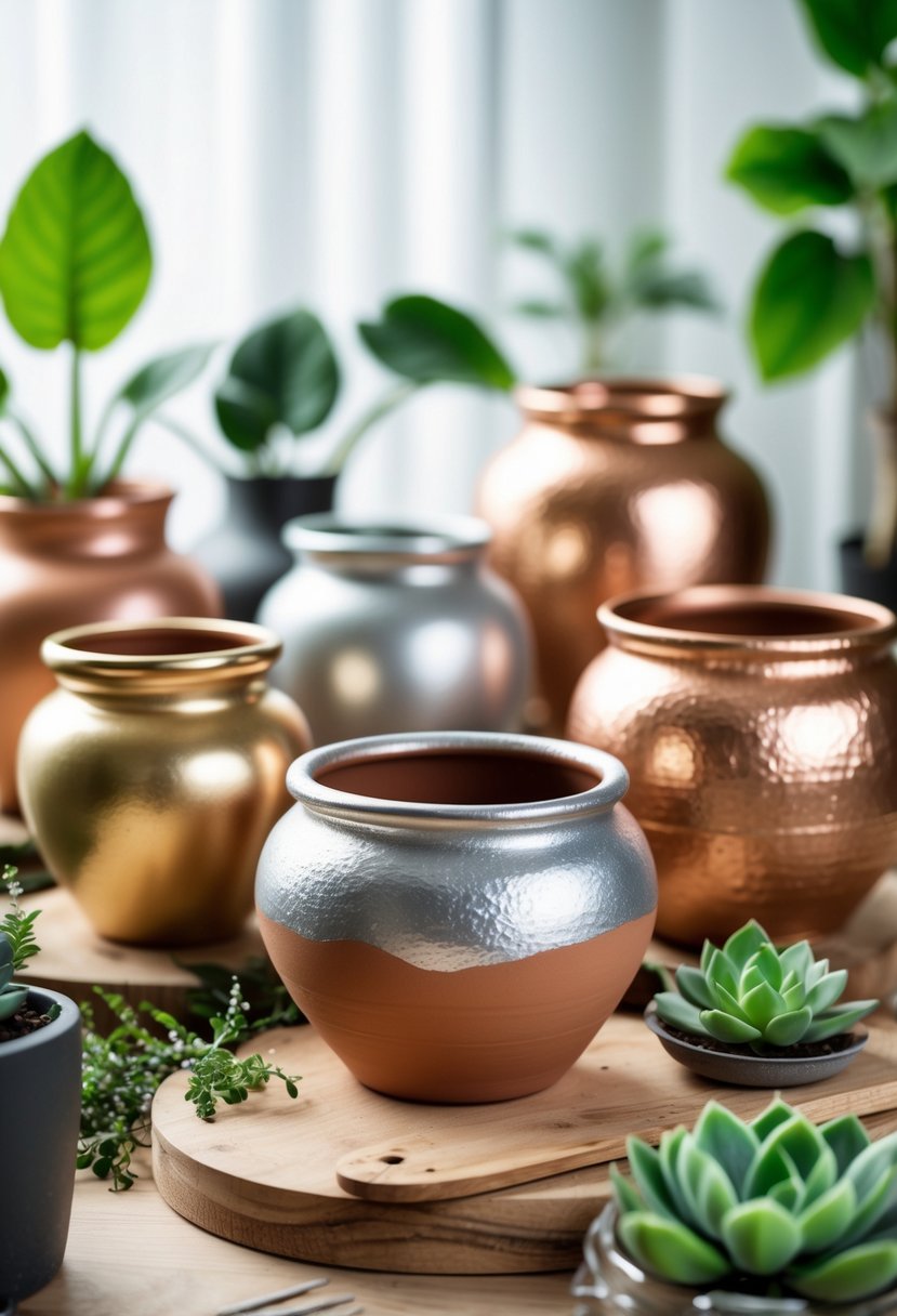 A collection of metallic spray painted clay pots arranged on a wooden table with plants and garden tools.