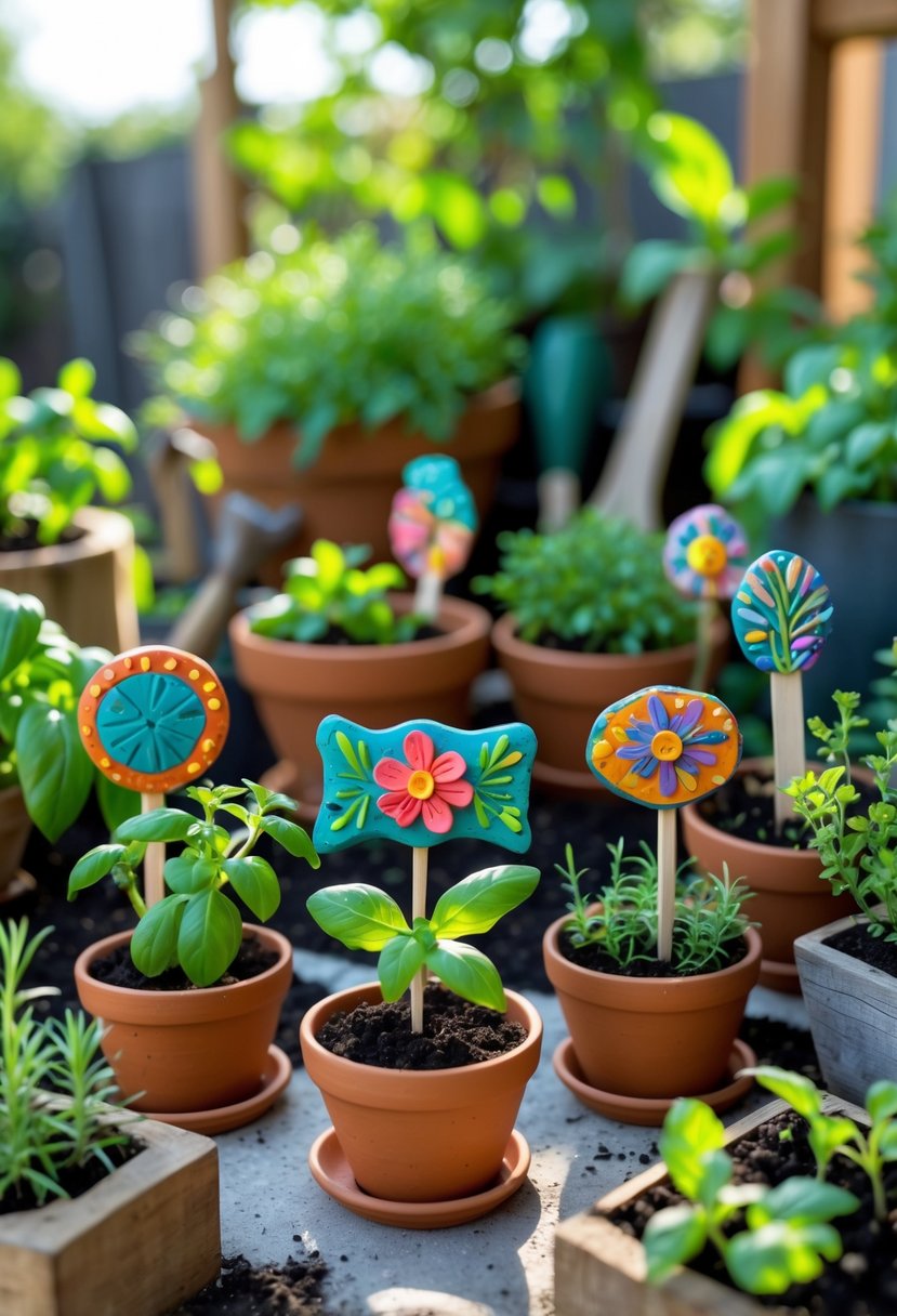A collection of colorful handmade clay pot markers placed in small herb pots in a garden setting.