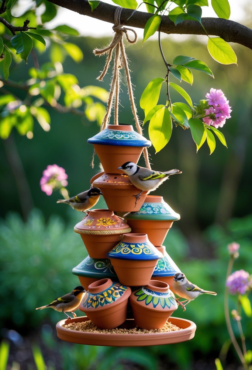 A colorful clay pot bird feeder hanging from a tree branch surrounded by green leaves and small birds in a garden.