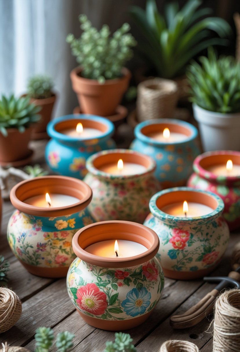 A collection of decorated clay pot candle holders with lit candles arranged on a wooden table surrounded by plants and gardening items.