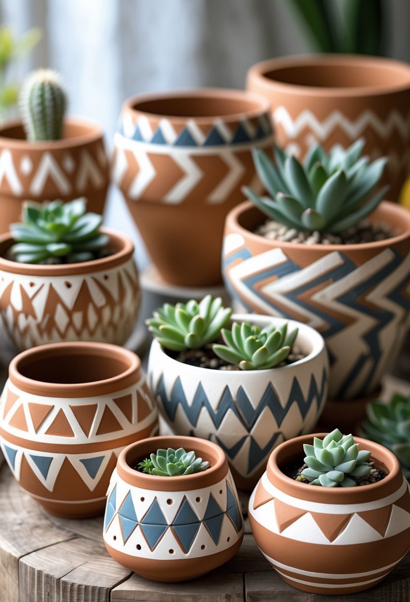 A collection of clay pots with geometric patterns displayed on a wooden table, some holding small plants.