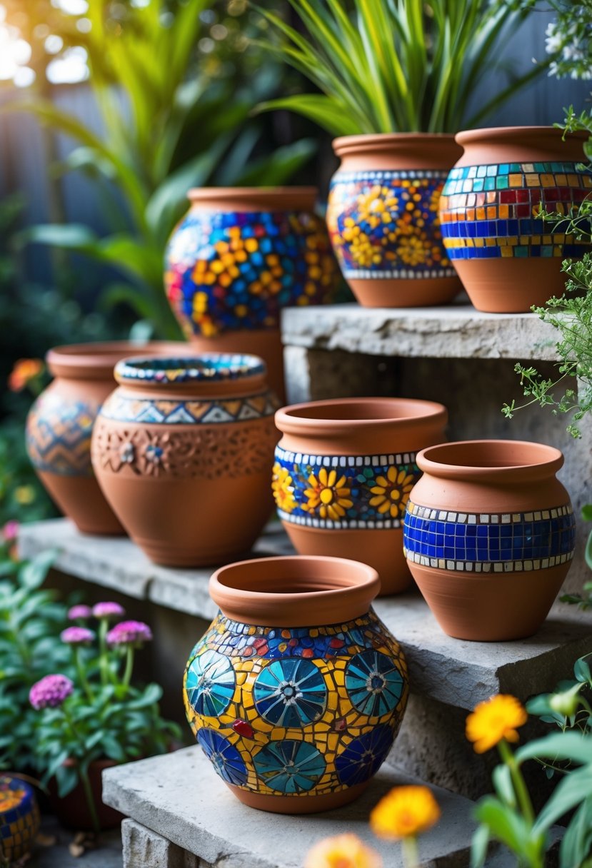 A group of colorful mosaic tile decorated clay pots arranged outdoors among green plants and flowers.