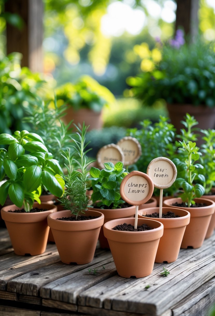 Several small clay pots with healthy herb plants arranged on a wooden table in a garden setting.