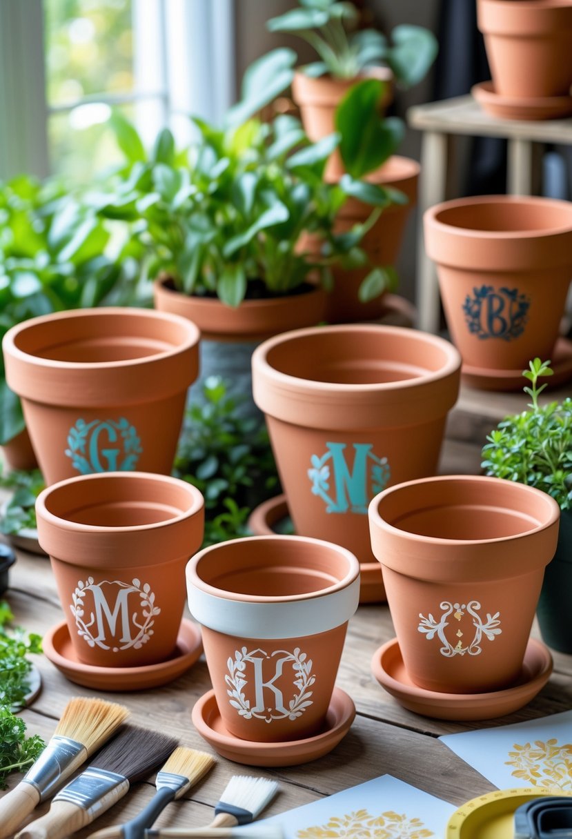 A collection of decorated terracotta clay pots with monogram designs displayed on a wooden table surrounded by gardening tools and plants.