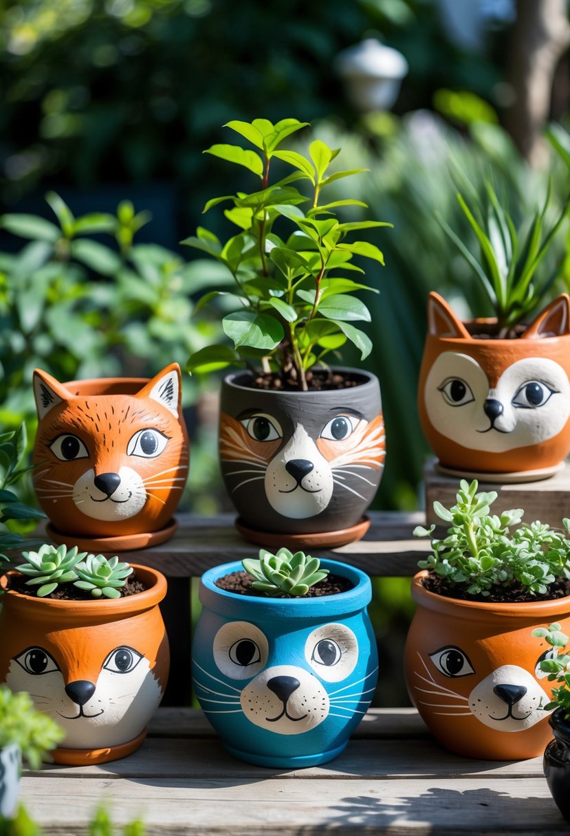 A group of clay pots painted with animal faces holding small plants on a wooden table in a garden setting.