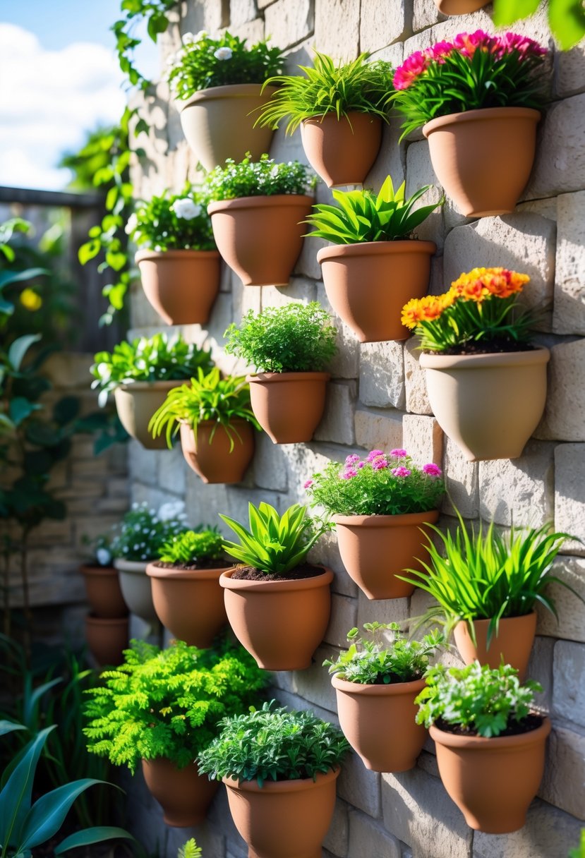 A wall with 17 clay pots mounted on it, each containing green plants and colorful flowers, in an outdoor garden setting.