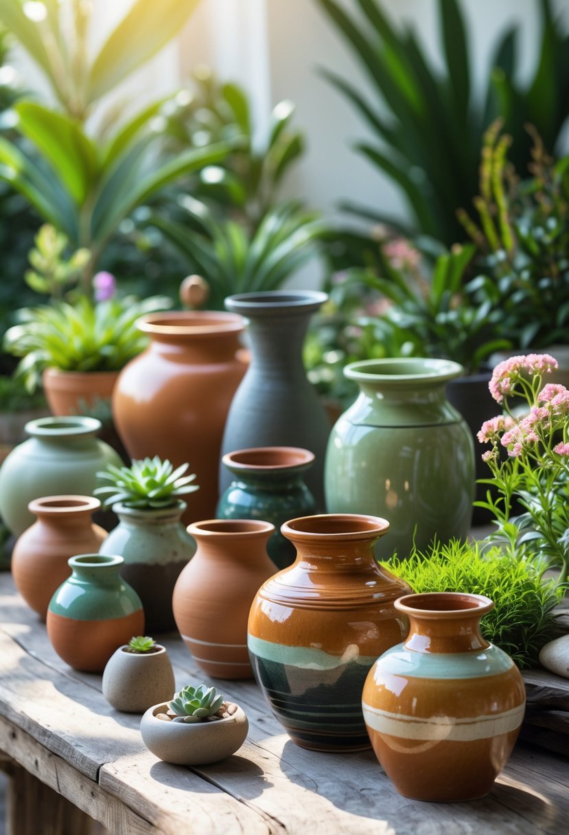 A collection of glazed clay pot vases arranged on a wooden table with plants and flowers around them.
