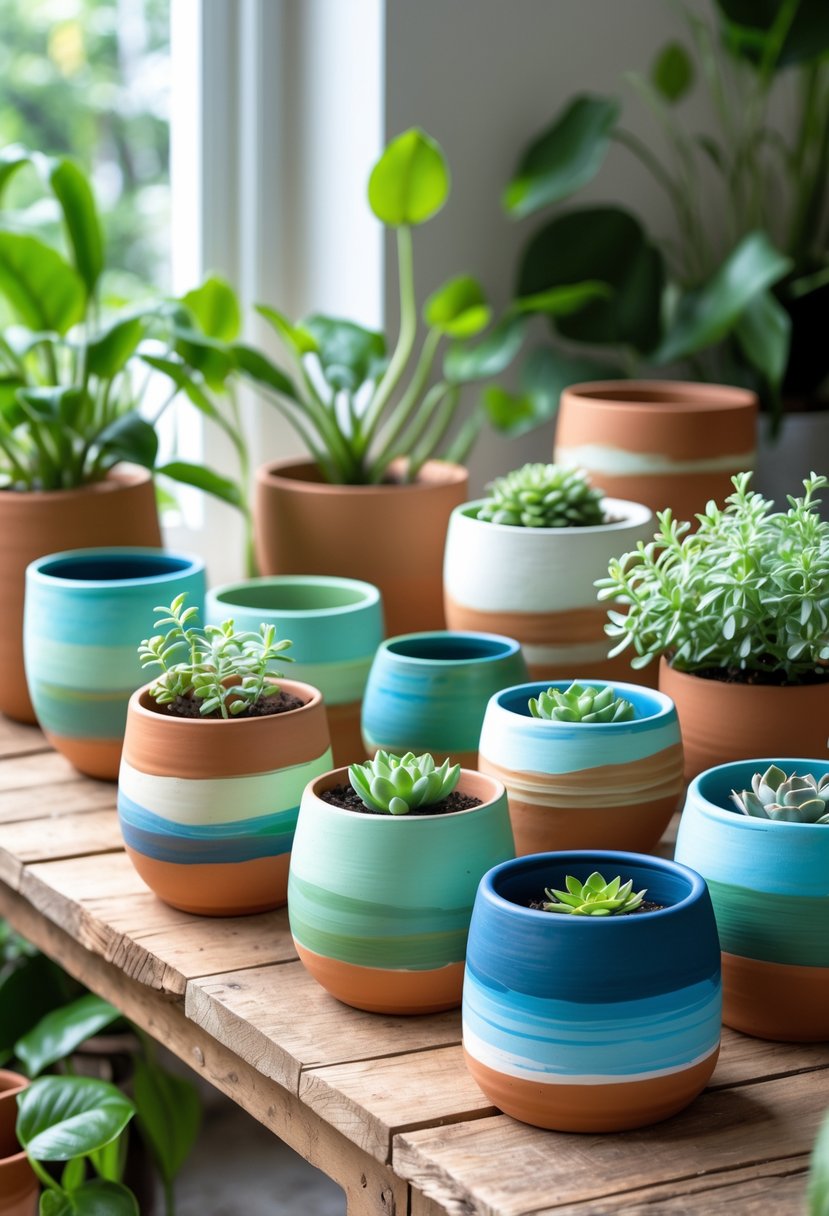Several painted clay plant pots with ombre colors arranged on a wooden table surrounded by green plants in a bright indoor garden setting.