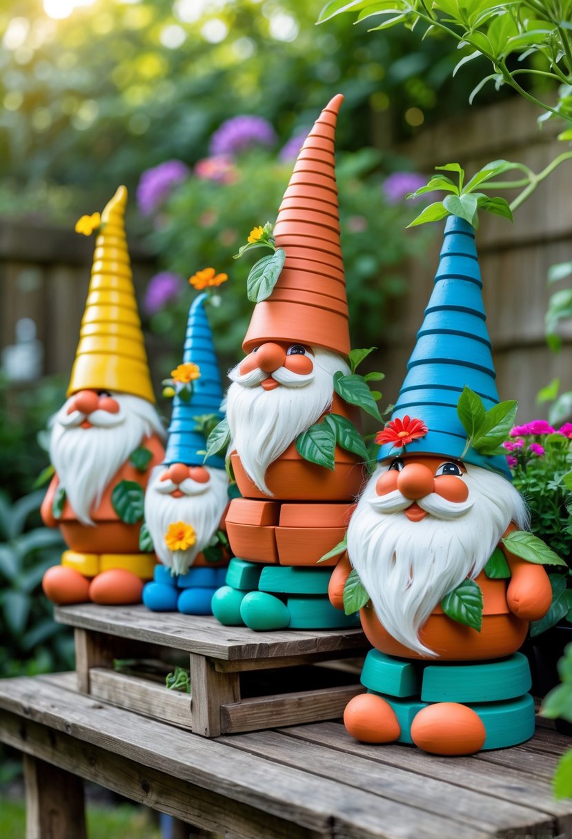 A collection of colorful garden gnomes made from clay pots displayed outdoors among plants and flowers.