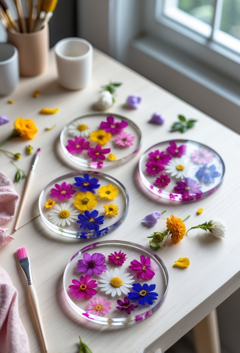 A set of floral resin coasters on a wooden table surrounded by craft supplies and flower petals.