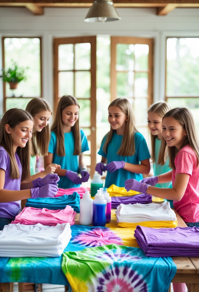 A group of girls gathered around a table making colorful tie-dye T-shirts during a craft activity.